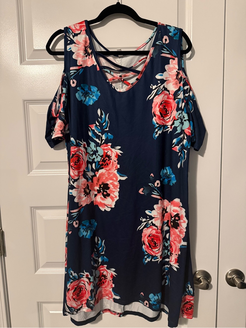 Navy Floral Cold-Shoulder Dress with Crisscross Back